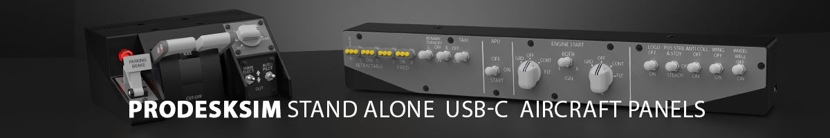 Two standalone USB-C aircraft panels by ProDeskSim are shown on a dark background, featuring multiple switches, knobs, and displays designed for flight simulation use.