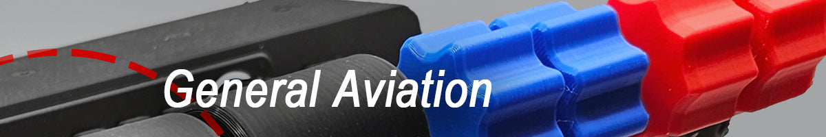 Close-up of mechanical components with red and blue parts and the words "General Aviation" overlaid in white text.