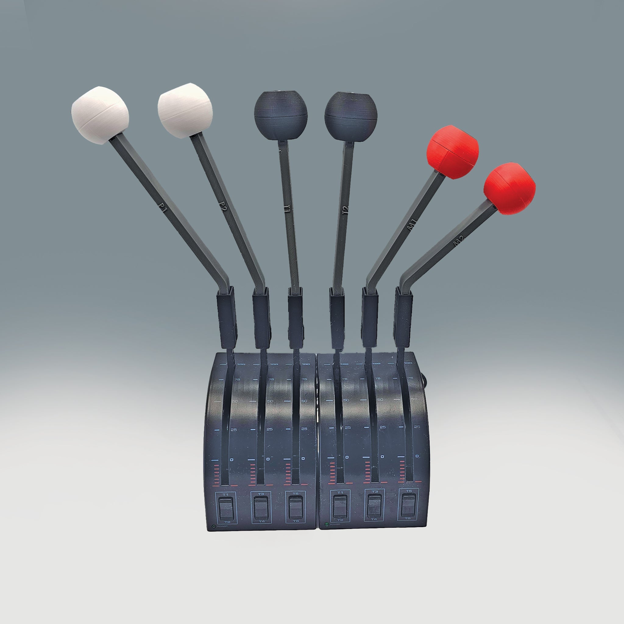 Experience a premium set of six Prodesksim Saitek realistic throttle, fuel mixture, and prop pitch quadrant handles designed for flight simulation enthusiasts. The leftmost two handles feature white accents, the middle two are styled with black elements, and the rightmost two showcase red details—perfectly capturing a cockpit ambiance against a neutral backdrop.