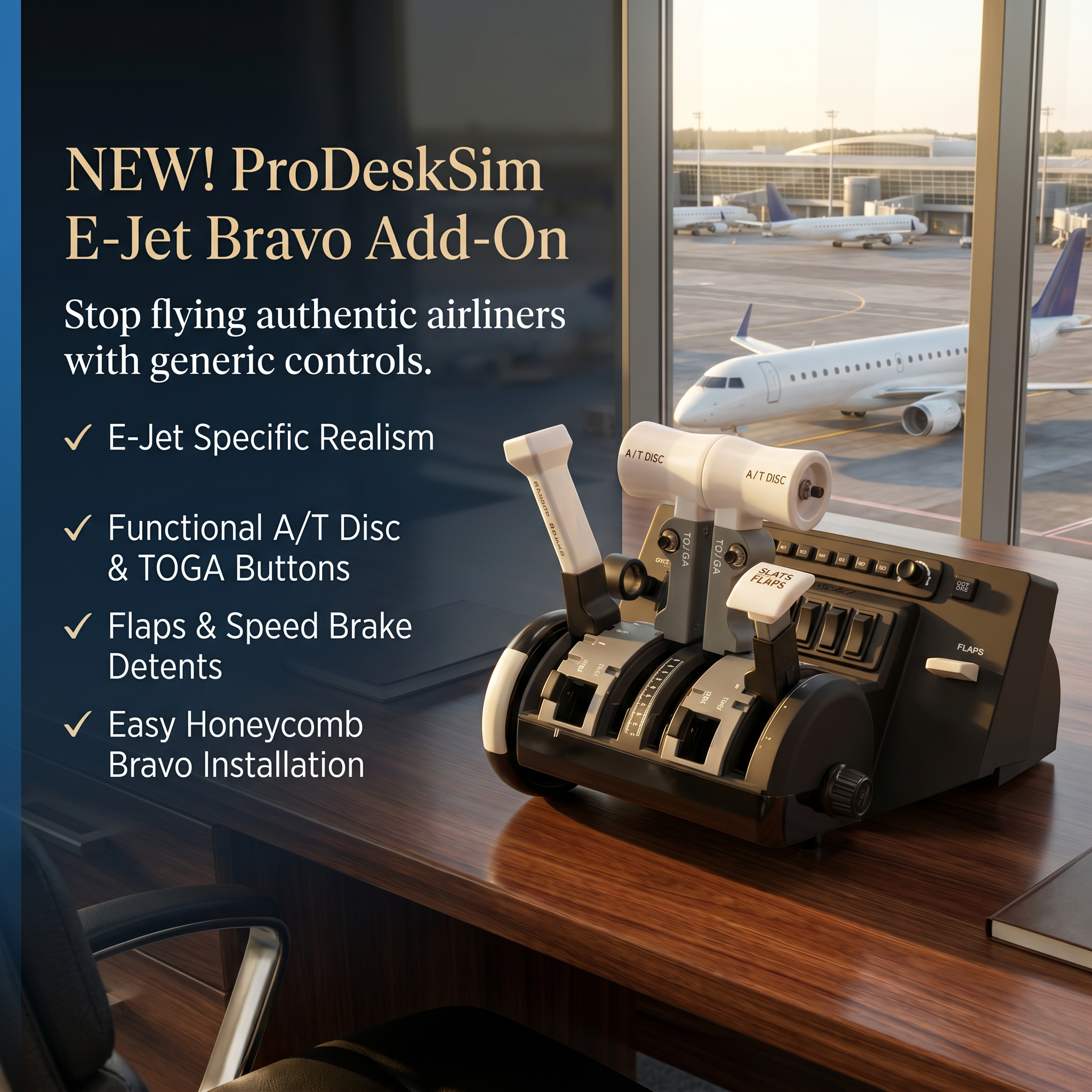 The NEW! ProDeskSim Honeycomb Bravo addon for the E-jet series aircraft by Prodesksim sits on a desk by a window overlooking an airport, highlighting exciting new features for E-jet flight simulation fans.