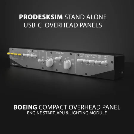 The Prodesksim Stand Alone B737 Engine Start/APU/Lights Overhead Panel features labeled dials and switches for essential controls, white text, and a compact design—ideal USB-C flight sim accessory by Prodesksim.