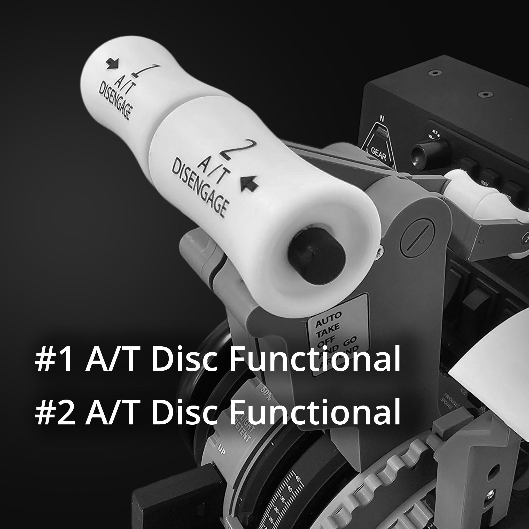 Close-up of aircraft throttle levers labeled "#1 A/T Disengage" and "#2 A/T Disengage" with the text "#1 A/T Disc Functional" and "#2 A/T Disc Functional" overlaid, showcasing the Prodesksim New ProDeskSim 737 Ultra Full Package Addon against a backdrop of additional controls and instruments.
