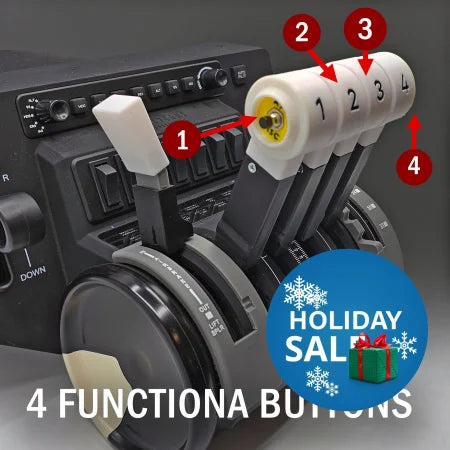 Close-up of the NEW! BAE-146/Avro RJ Advanced Throttle Pack for Honeycomb Bravo flight simulator by Prodesksim, featuring four levers labeled 1 to 4. Each lever includes a functional button on top, specifically designed as either an AT DISC or TOGA button. The background displays a panel with various switches. The image text reads "4 FUNCTIONAL BUTTONS.