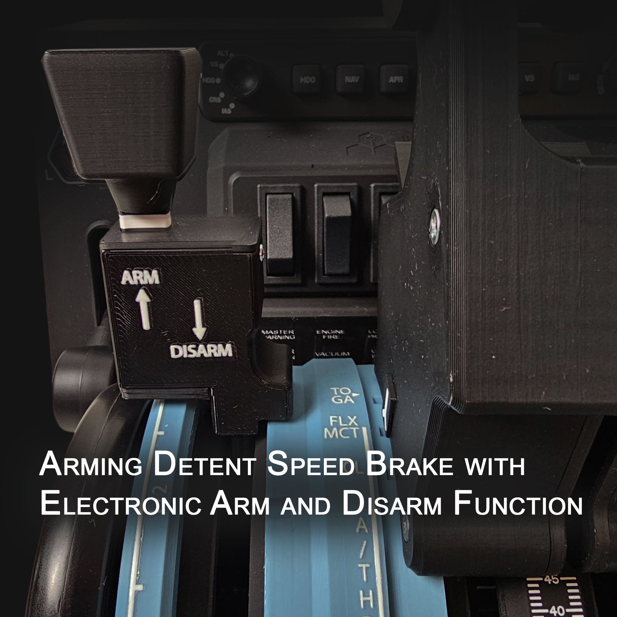 Explore the ProDeskSim Airbus A319-A321 Advanced addon for Honeycomb Bravo throttle quadrant. It includes a close-up of the throttle with an arming detent speed brake lever labeled "ARM" and "DISARM," enhancing your simulation with electronic arm/disarm functions.