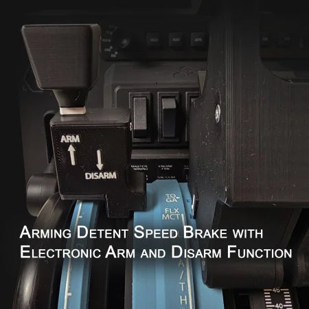 Explore the ProDeskSim Airbus A319-A321 Advanced addon for Honeycomb Bravo throttle quadrant. It includes a close-up of the throttle with an arming detent speed brake lever labeled "ARM" and "DISARM," enhancing your simulation with electronic arm/disarm functions.
