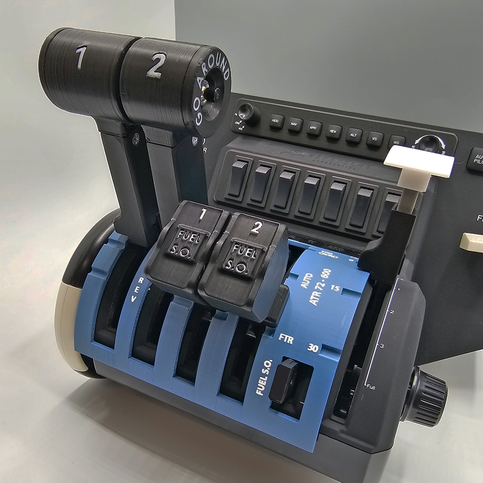 Close-up view of the NEW! ATR 42/72 Advanced Throttle Pack for Honeycomb Bravo by Prodesksim, featuring various levers and switches such as fuel cutoff, throttle pack, and flap controls. This setup is meticulously designed to replicate an aircraft's engine control system for immersive flight simulation.
