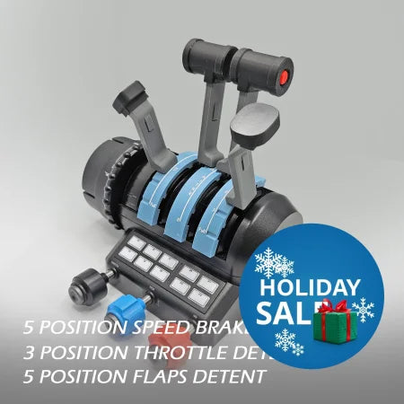 The Airbus Functional Addon for Turtle Beach Velocity One by Prodesksim boasts throttle quadrant levers with labels for "5 position speed brake detent," "3 position throttle detent," and "5 position flaps detent." This addon is perfect for enhancing your flight simulation experience against a simple gray background.