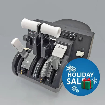 The Prodesksim Boeing 737 Dual Action Detent/Spring mechanism flaps, a professional addon for the HoneyComb Bravo throttle and VR, is showcased with its realistic design featuring dual white throttle levers, flap controls, and various switches and dials. Set against a neutral gray background, this device exemplifies precision for an immersive flying experience.