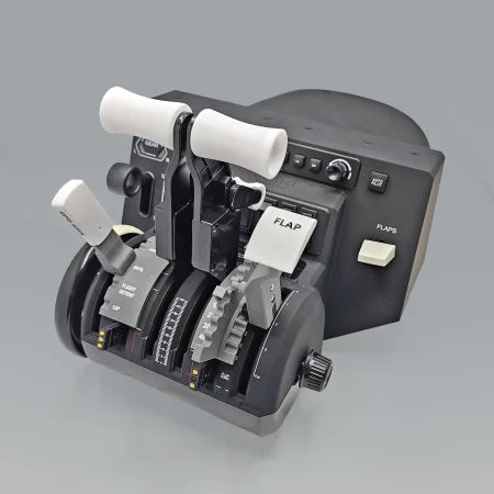 The Prodesksim Boeing 737 Dual Action Detent/Spring mechanism flaps, a professional addon for the HoneyComb Bravo throttle and VR, is showcased with its realistic design featuring dual white throttle levers, flap controls, and various switches and dials. Set against a neutral gray background, this device exemplifies precision for an immersive flying experience.