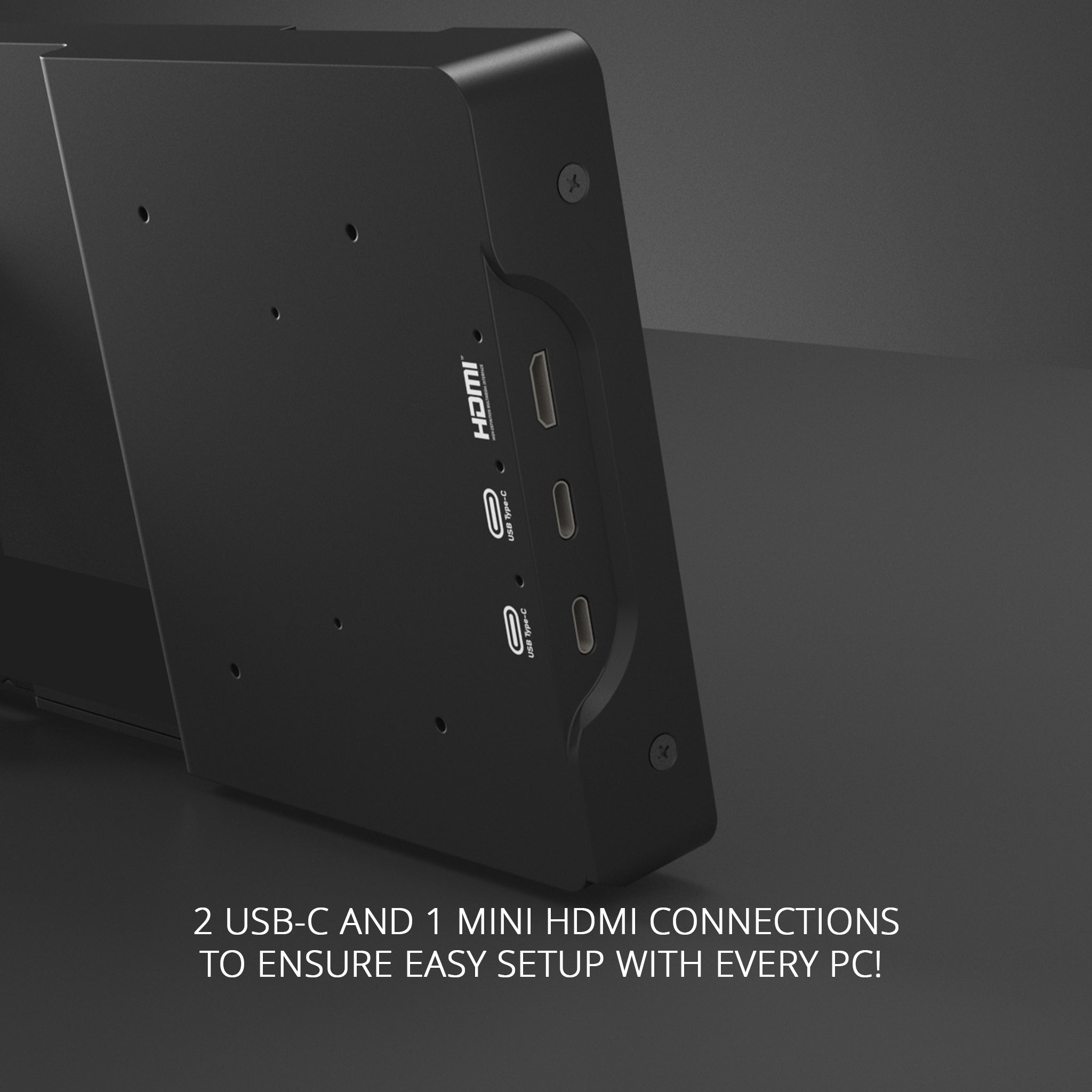 A close-up of the Prodesksim ProDeskSim Modular Display Unit in black, showing its two USB-C ports and one mini HDMI port for seamless Airliner LCD compatibility and easy setup with any PC.