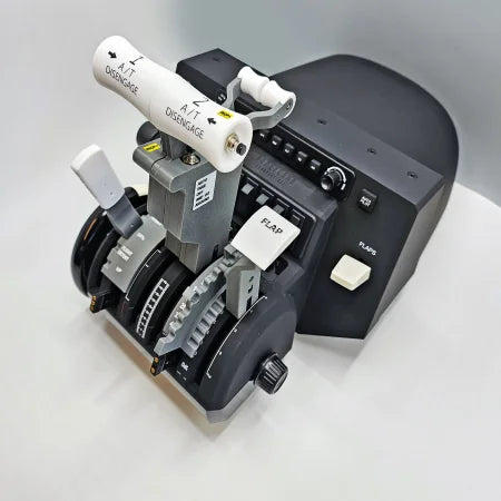 Close-up of the Prodesksim NEW! ProDeskSim Boeing 737 Advanced Full Package Addon/Modification for Honeycomb Bravo throttle quadrant, a crucial addon featuring thrust levers, flap control, and auto-throttle disengagement. The device is gray with black and white markings and includes switches and knobs for an enhanced flight simulation experience.