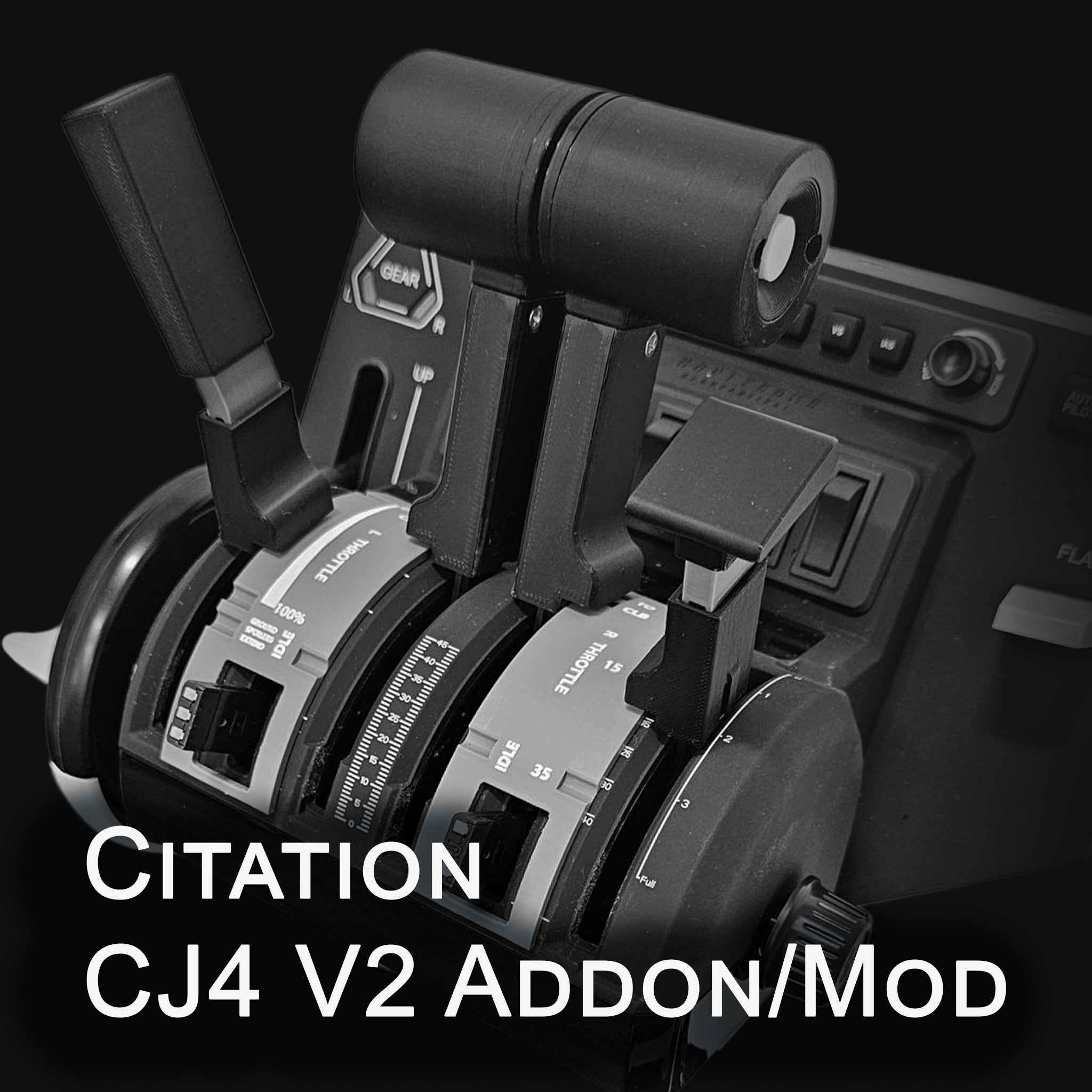A close-up of the ProDeskSim Citation CJ4 V2 Addon/Mod for HoneyComb Bravo showcases its levers, switches, and indicators against a dark backdrop, perfect for advanced flight simulation or aviation training.