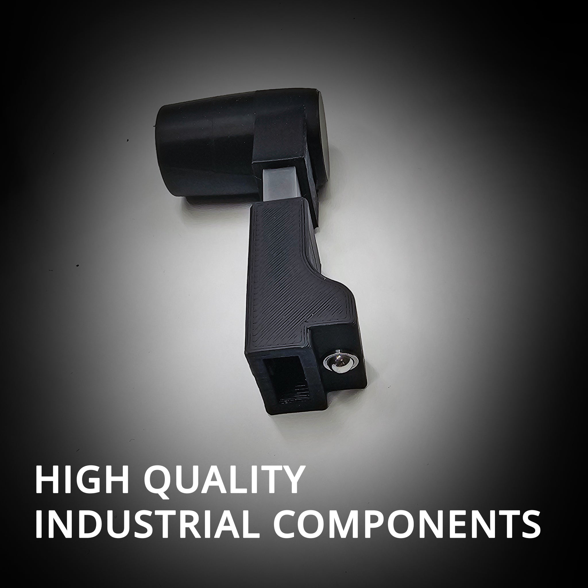 A black component with a cylindrical part sits on a dark background, evoking the precision of Prodesksim's MD-11 for Honeycomb Bravo throttle and MS Flight Simulator. Bold white text states "High Quality Industrial Components.