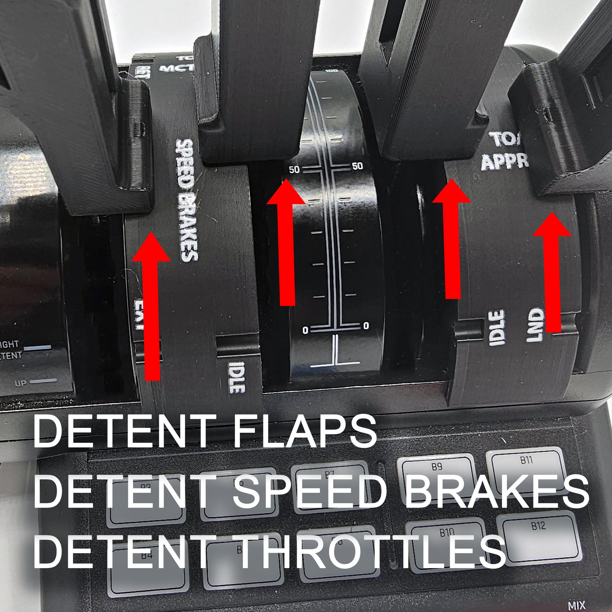 Close-up of the NEW! Honda Jet HA-420 Addon Throttle Pack by Prodesksim for the Velocity One Flight Simulator, displaying levers with labels such as "Speed Brakes" and "Throttles." Red arrows highlight their positions, enhancing your realistic flight simulation experience. Text reads: "Detent Flaps, Detent Speed Brakes, Detent Throttles.