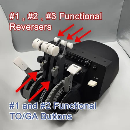 Enhance your immersive flight simulation experience with the Prodesksim Classic Boeing 727 Advanced Full Package Addon for Honeycomb Bravo. This modification features a throttle quadrant designed for the Three Throttle Boeing 727, complete with labeled functional reversers and TO/GA buttons. Red and blue annotations on levers for engines #1, #2, and #3 further enrich your realistic journey.