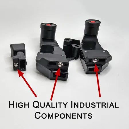 Three black industrial components in various sizes are showcased on a neutral background. Red arrows point to these items, highlighting their exceptional quality for the Airbus A319-320-321 Dual Action Addon for the Honeycomb Bravo throttle quadrant. The text reads "High Quality Industrial Components" by Prodesksim.