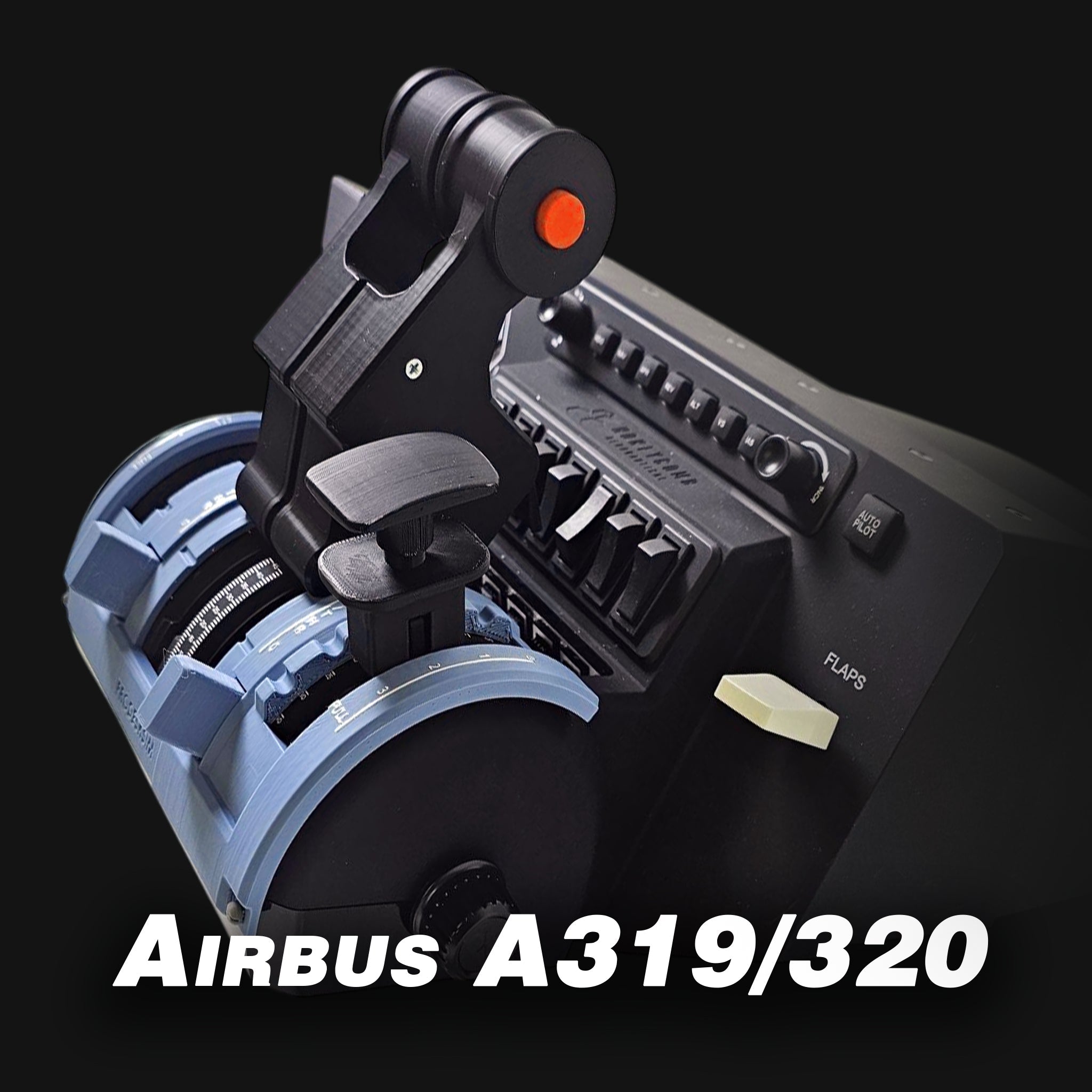 A close-up of the ProDeskSim Airbus A319-A321 Advanced addon for the Honeycomb Bravo throttle quadrant showcases levers and controls against a black background, with white text highlighting aircraft models, providing a glimpse into an authentic flight simulation experience.