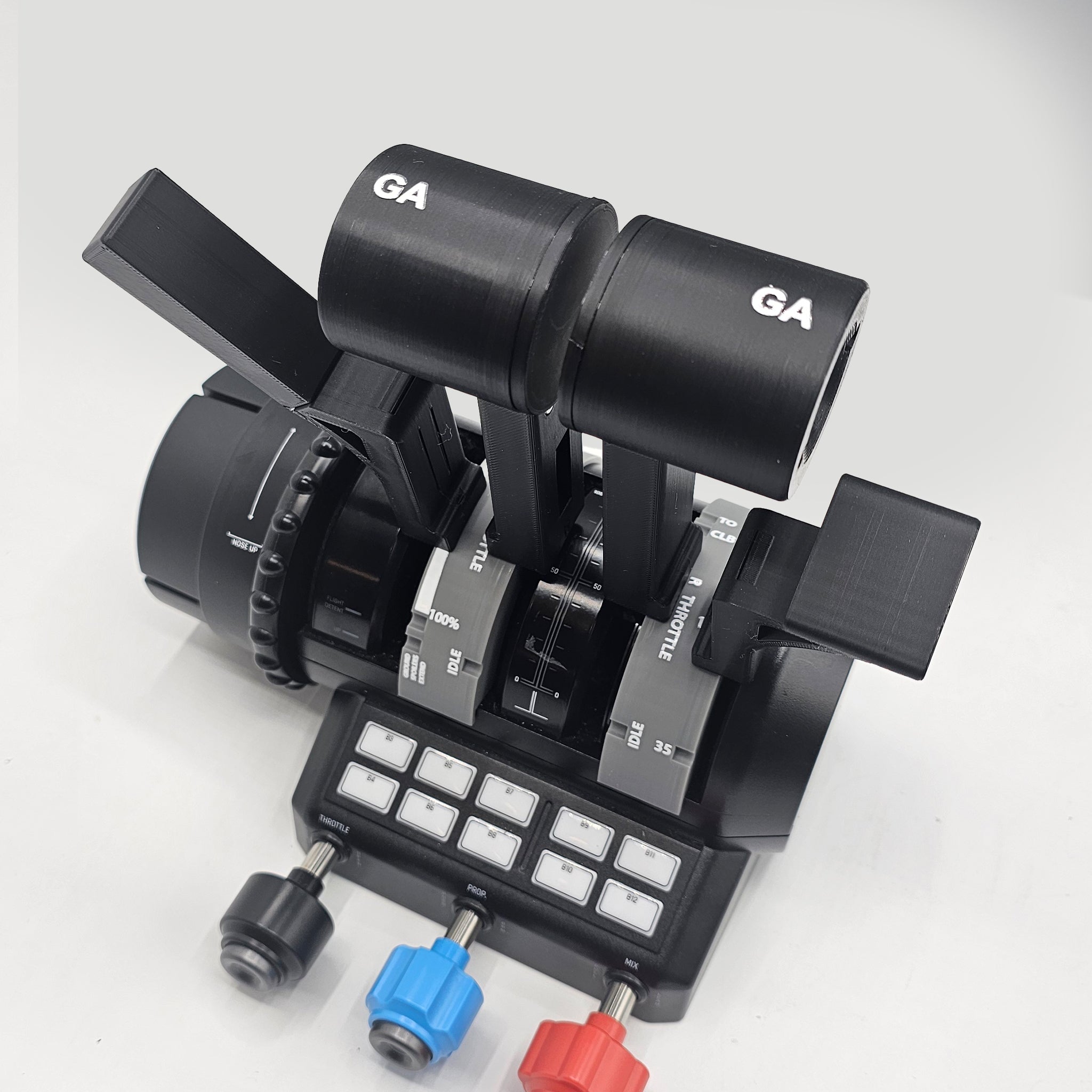 A detailed view of the innovative Cessna Citation CJ4 Addon Throttle Pack for Velocity One Flight Simulator Throttle Quadrant by Prodesksim, showcasing a range of levers and clearly marked dials indicating degrees, GA, and NITE. Below are various switches along with blue and red knobs, ideal for elevating your Citation CJ4 training sessions.
