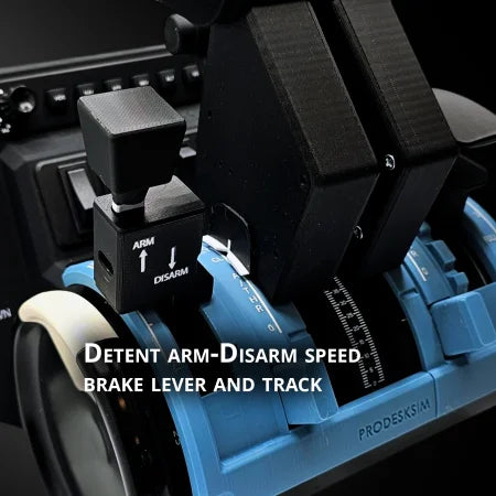 Close-up of a mechanical device with a labeled switch is perfect for your ProDeskSim Airbus A350 Advanced addon/mod package. The text reads, "Detent arm - Disarm speed brake lever and track." A blue circular component with black and white markings enhances your Honeycomb Bravo simulation experience.