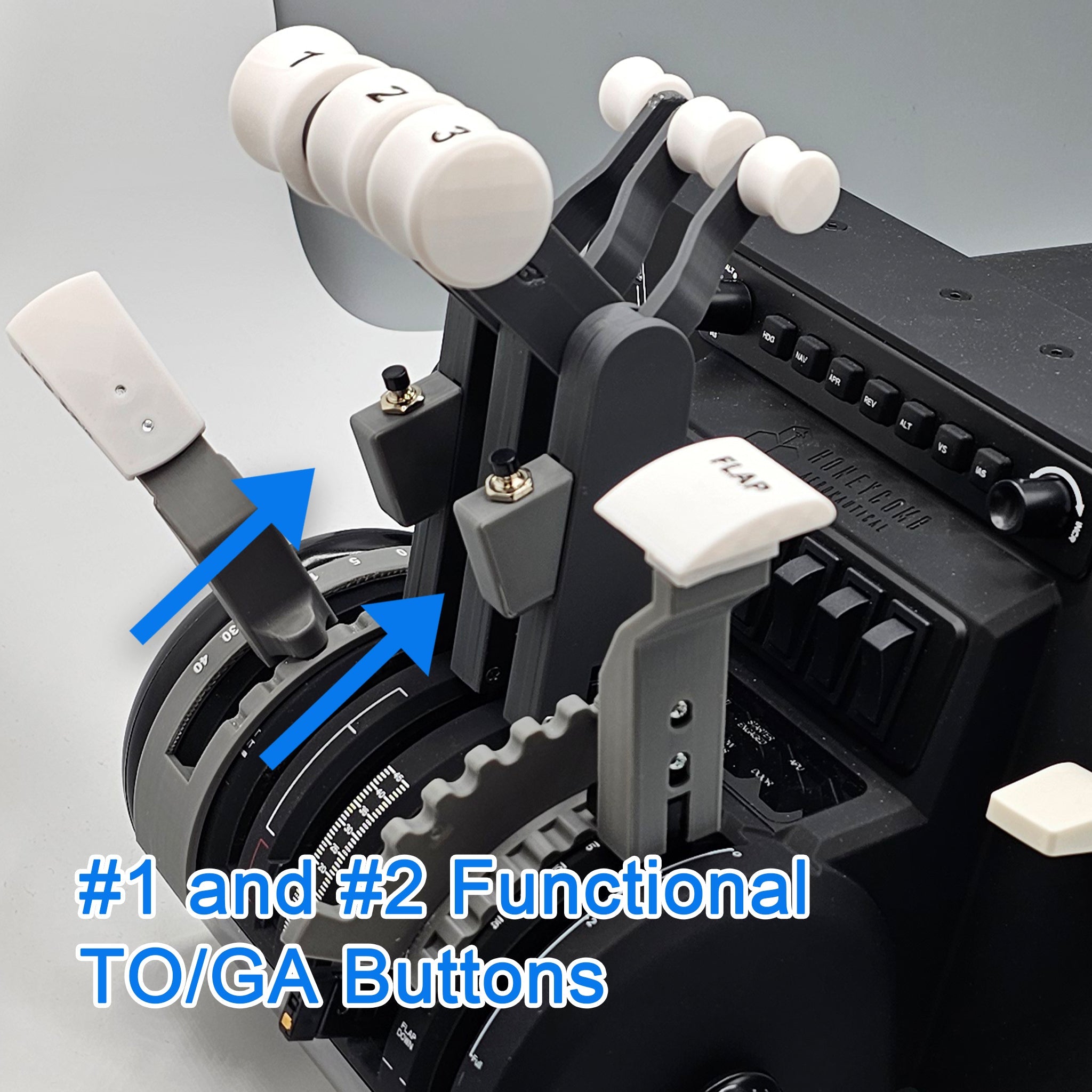 Close-up of the ProDeskSim Classic Boeing 727 Advance Throttle Quadrant featuring four levers. Perfect for a flight simulation experience with Honeycomb Bravo, the levers are labeled, showcasing two blue arrows pointing to "#1 and #2 Functional TO/GA Buttons." The area is ideal for the NEW! ProDeskSim Classic Boeing 727 Advanced Full Package Addon/Modification.