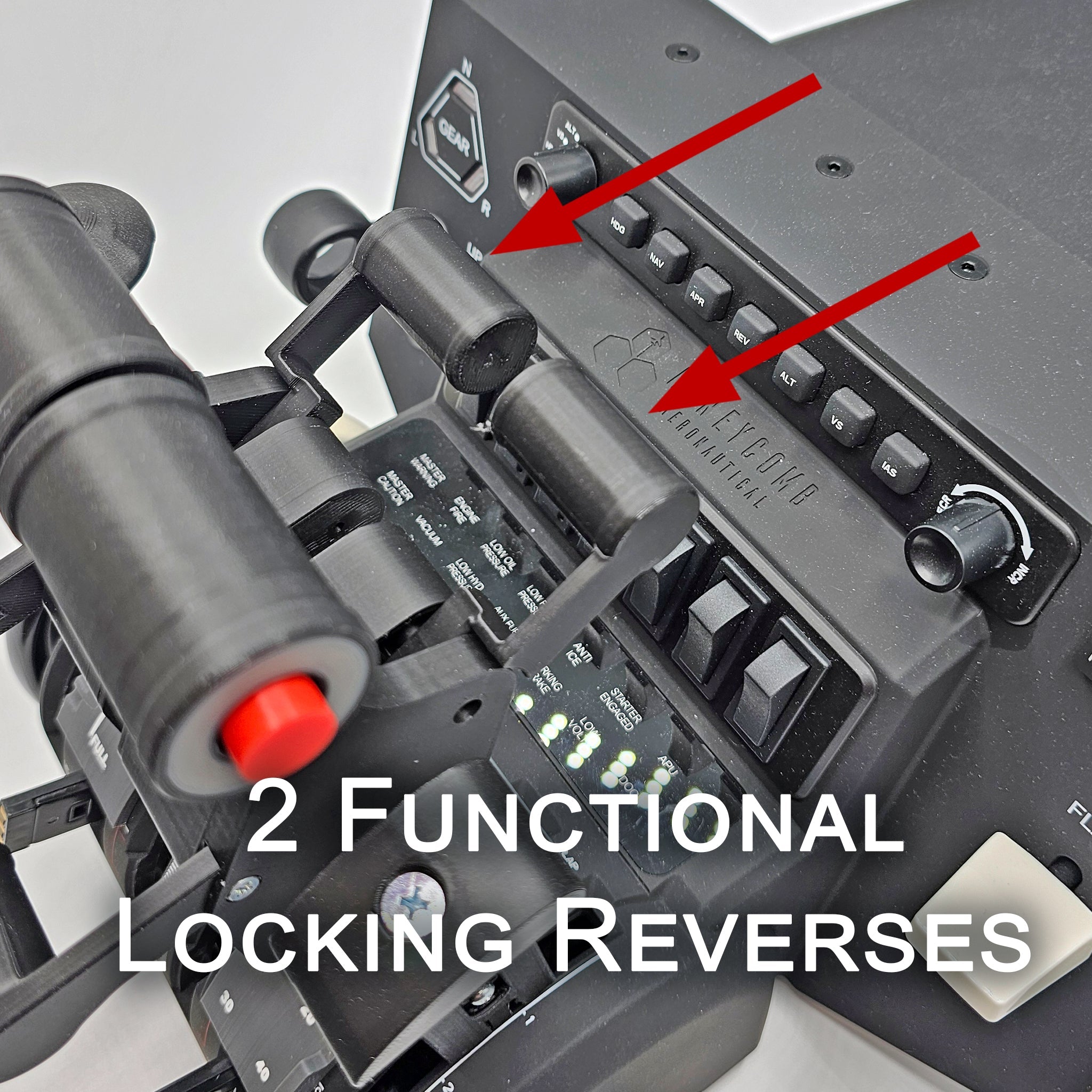 Close-up of the Prodesksim Iconic First Ever Airbus A300/310 Addon Package for Honeycomb Bravo, with arrows highlighting 2 functional reversers and AP/AT Disc buttons—perfect for enhanced flight simulation.