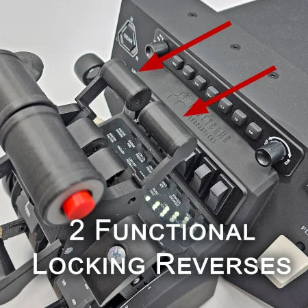 Close-up of the Prodesksim Iconic First Ever Airbus A300/310 Addon Package for Honeycomb Bravo, with arrows highlighting 2 functional reversers and AP/AT Disc buttons—perfect for enhanced flight simulation.