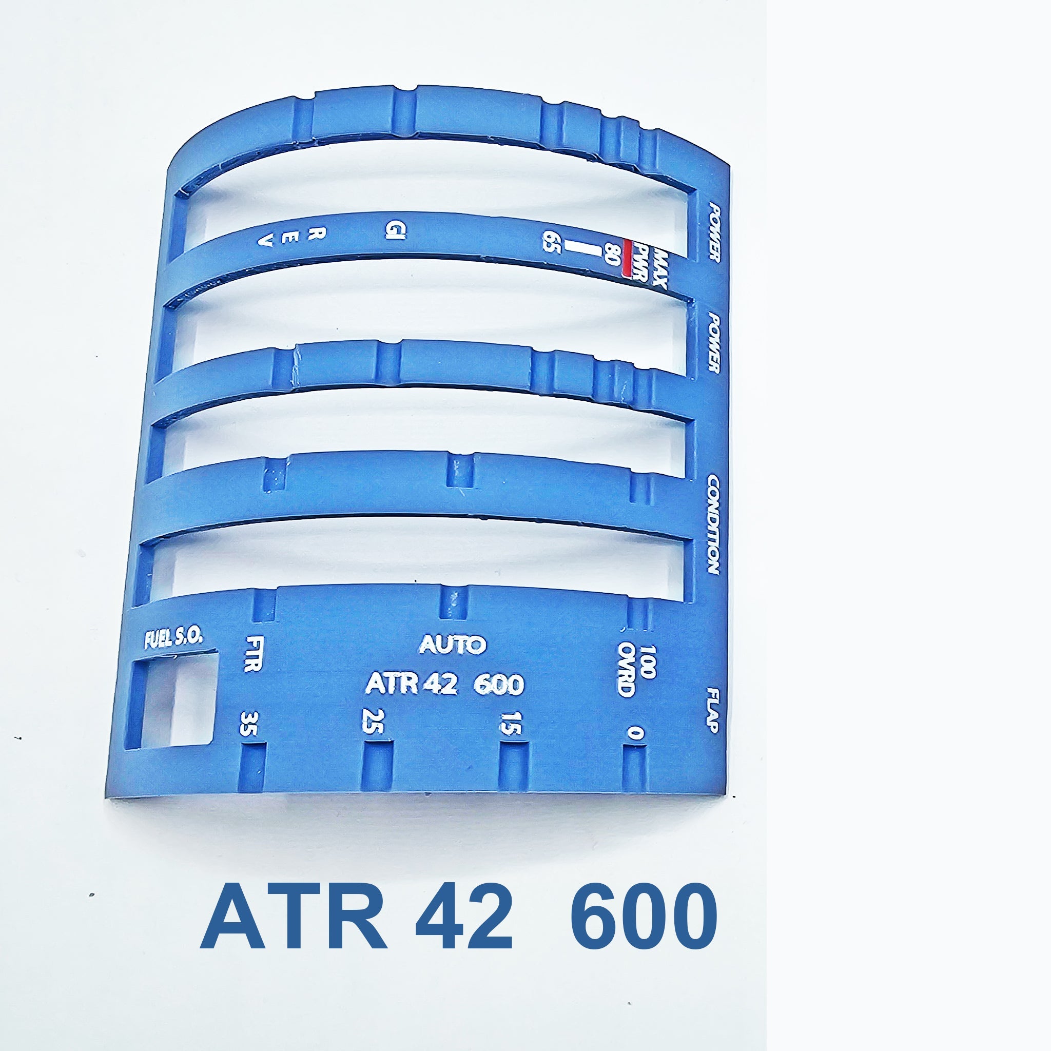 A blue "NEW! ATR 42/72 Advanced Gates Only" detent panel overlay by Prodesksim, featuring white control labels like power, flap, and fuel; designed as a Honeycomb Bravo addon, shown on a clean white background.