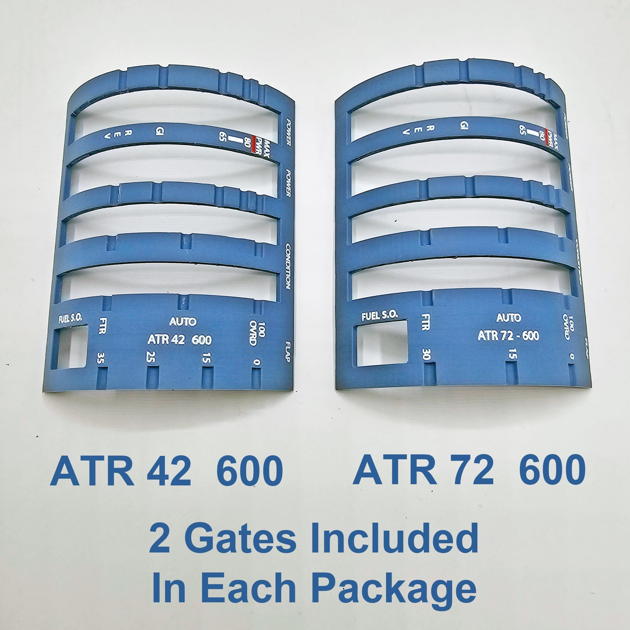 Displayed alongside each other, the two blue aircraft instrument panels designed for seamless integration with the Honeycomb Bravo system feature labels ATR 42 600 and ATR 72 600. Below, text states, "2 Gates Included In Each Package." These panels are equipped with various cutouts to accommodate gauges and controls from the NEW! ATR 42/72 Advanced Throttle Pack for Flight Simulator by Prodesksim.
