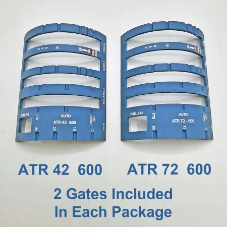 Displayed alongside each other, the two blue aircraft instrument panels designed for seamless integration with the Honeycomb Bravo system feature labels ATR 42 600 and ATR 72 600. Below, text states, "2 Gates Included In Each Package." These panels are equipped with various cutouts to accommodate gauges and controls from the NEW! ATR 42/72 Advanced Throttle Pack for Flight Simulator by Prodesksim.