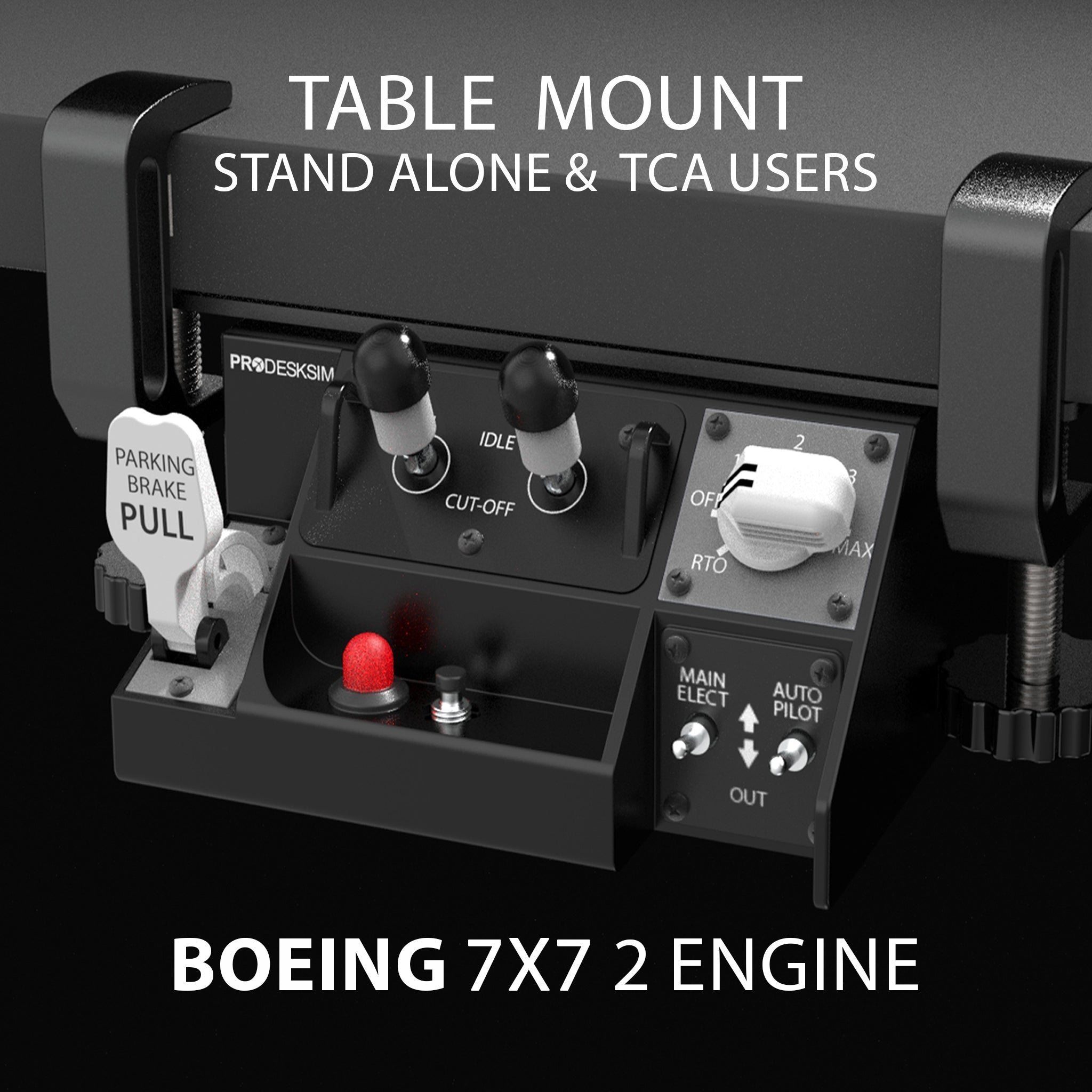 Close-up of the Prodesksim Stand Alone B7X7 panel for home cockpits, featuring 2-engine fuel cut-off, auto brake, parking brake, and stab trim controls with clear labels—ideal for standalone use.