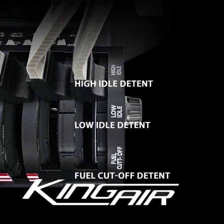 Close-up of the Prodesksim Beechcraft King Air Advanced Addon/Throttle Pack for Honeycomb Bravo, showing labeled levers: "HIGH IDLE DETENT," "LOW IDLE DETENT," and "FUEL CUT-OFF DETENT." The word "KINGAIR" appears at the bottom.