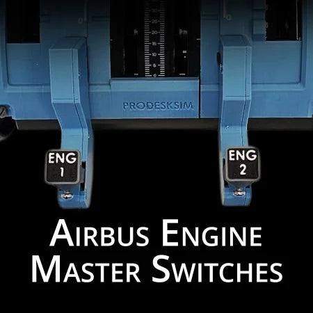 Close-up of two blue Prodesksim Airbus Starter Switches with spring loaded lock guard, labeled "ENG 1" and "ENG 2," on a simulator panel—perfect for flight simulation. "Airbus Engine Master Switches" shown below.