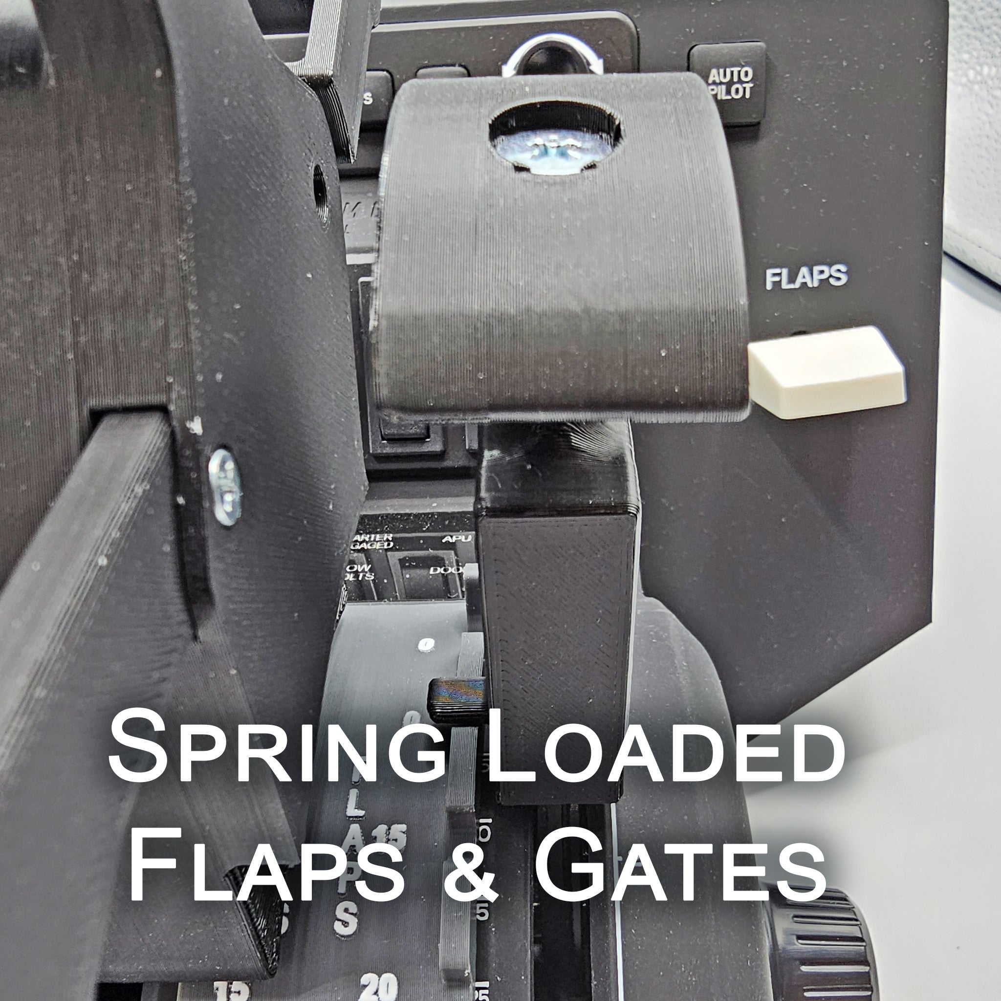 Close-up of Prodesksim’s Iconic First Ever Airbus A300/310 Addon Package for Honeycomb Bravo with functional AP/AT disc buttons and reversers. Text overlay: “Spring Loaded Flaps & Gates” for an enhanced flight simulation experience.