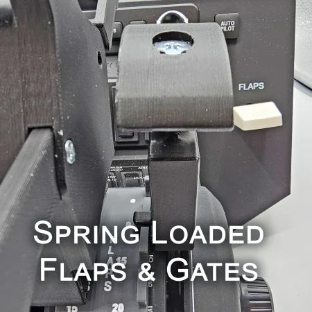 Close-up of Prodesksim’s Iconic First Ever Airbus A300/310 Addon Package for Honeycomb Bravo with functional AP/AT disc buttons and reversers. Text overlay: “Spring Loaded Flaps & Gates” for an enhanced flight simulation experience.