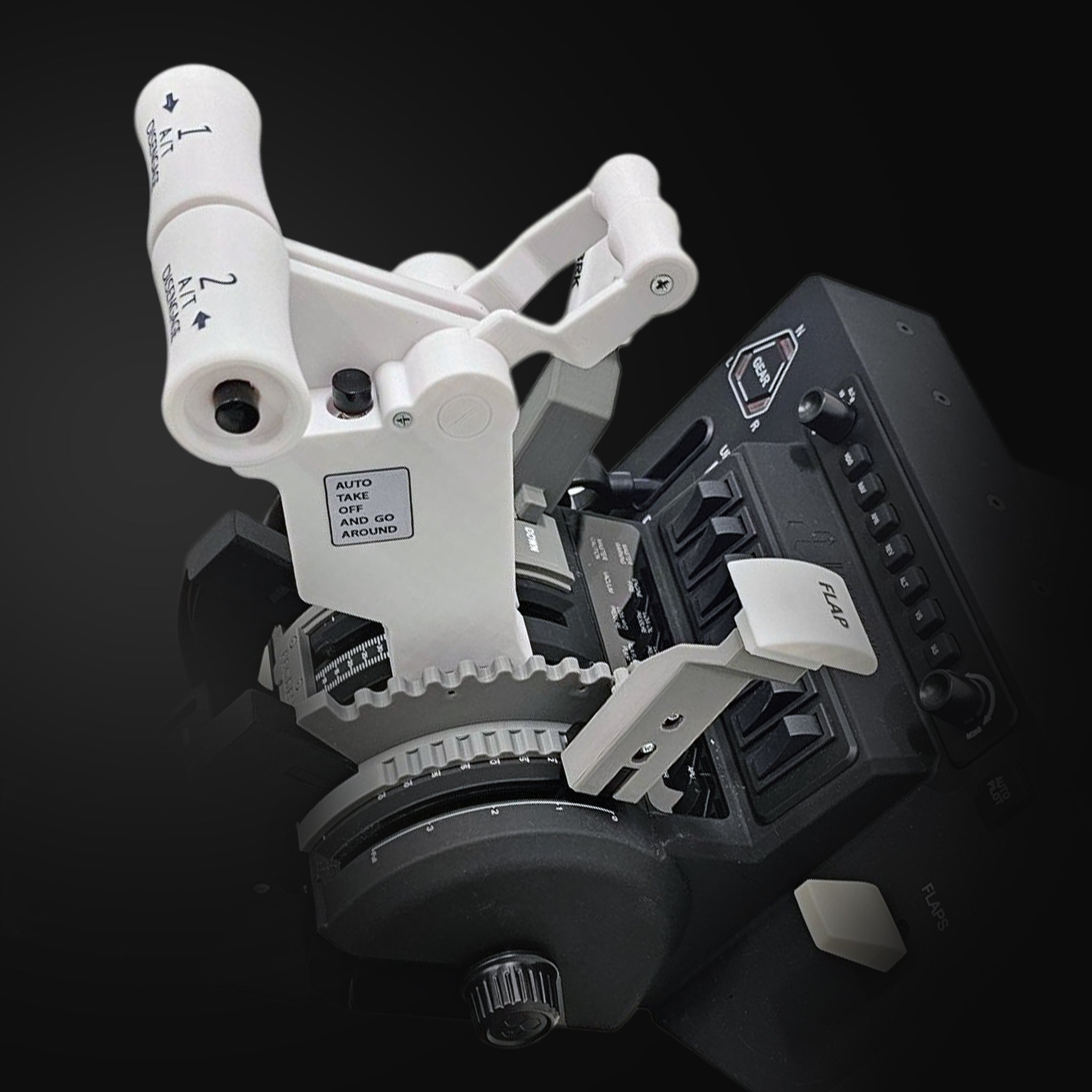 Close-up of the Prodesksim New ProDeskSim 737 Ultra Full Package Addon control unit, featuring labeled white joystick handles and multiple switches, dials, and buttons, resembling a Throttle Quadrant on a deep black background.