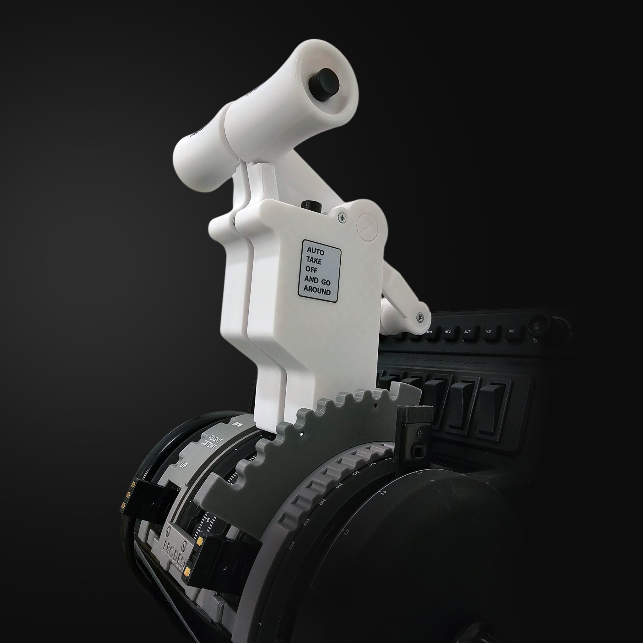 A close-up of a Prodesksim New ProDeskSim 737 Ultra Full Package Addon throttle lever with a white handle labeled "AUTO TAKE OFF AND GO AROUND" against a dark background.