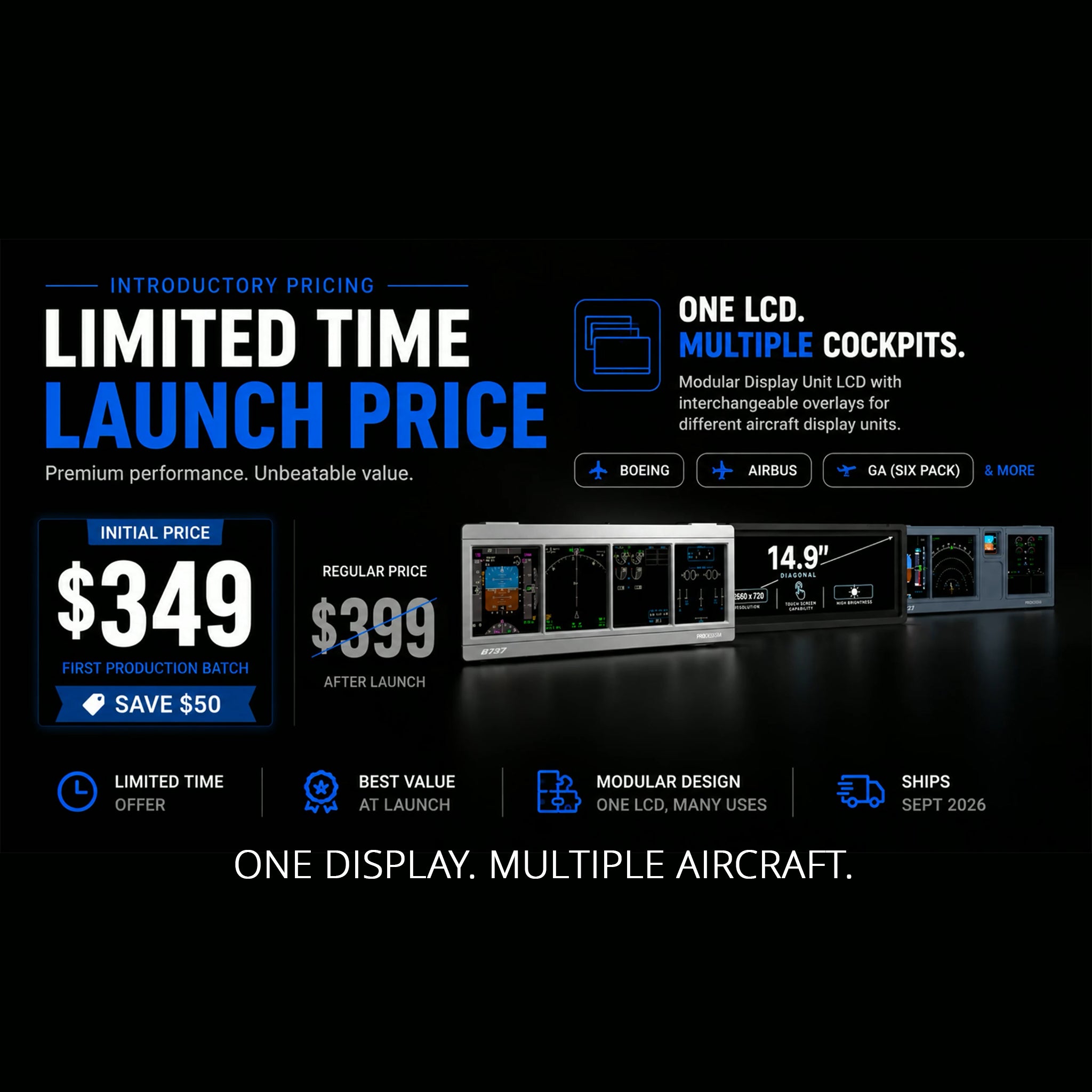 Promotional graphic for the Prodesksim ProDeskSim Modular Display Unit, launching at $349. Features cockpit visuals for Boeing, Airbus, and Cessna, highlights key features, and notes a September 2026 shipping date.