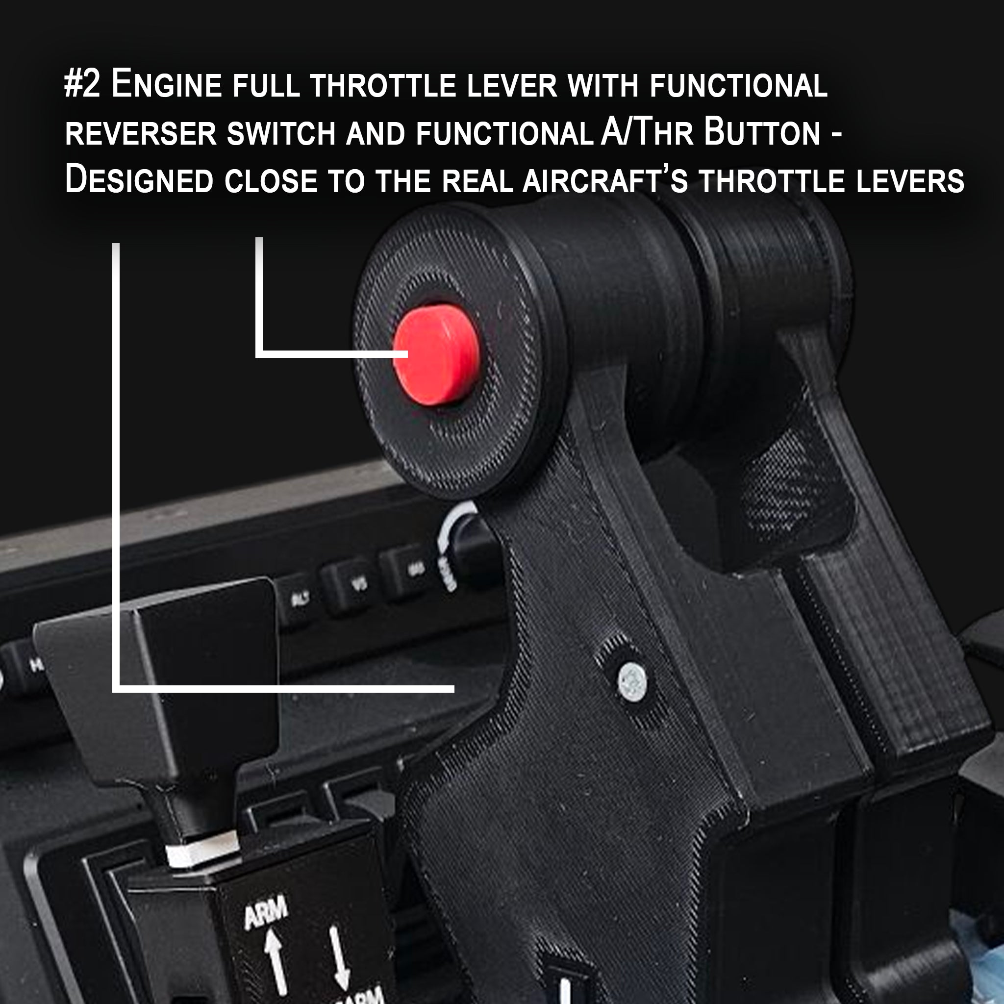 A close-up of a Prodesksim aircraft throttle lever simulator reveals a black lever with a prominent red button. It features labels for the reverser switch and A/Thr button, designed for an authentic simulation experience with the NEW! ProDeskSim Airbus A319-A321 Advanced addon for the Honeycomb Bravo quadrant.