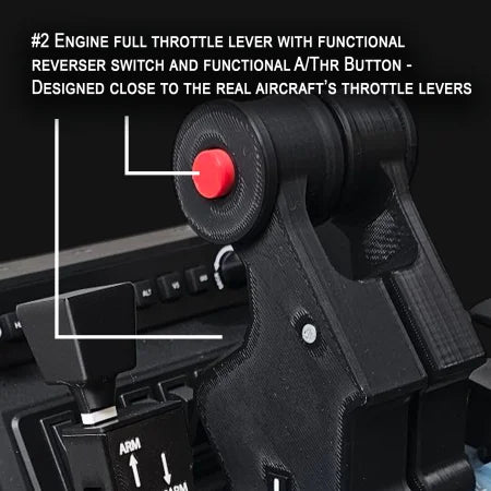 A close-up of a Prodesksim aircraft throttle lever simulator reveals a black lever with a prominent red button. It features labels for the reverser switch and A/Thr button, designed for an authentic simulation experience with the NEW! ProDeskSim Airbus A319-A321 Advanced addon for the Honeycomb Bravo quadrant.