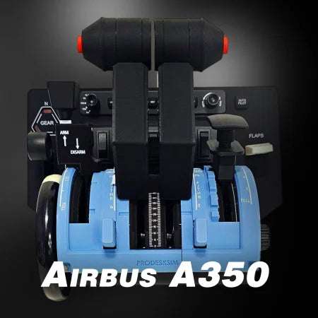Close-up of the ProDeskSim Airbus A350 Advanced addon/mod for the Honeycomb Bravo throttle quadrant, designed for an exceptional flight simulation experience. It includes blue throttle levers, black controls, and "Airbus A350" in bold white letters on a black-to-gray gradient.