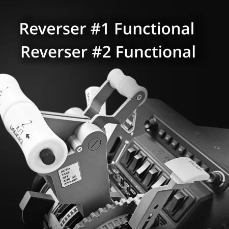 Close-up of the New ProDeskSim 737 Ultra Full Package Addon by Prodesksim, featuring labeled handles "Disengage" and "Auto Stow." Overhead text displays "Reverser #1 Functional Reverser #2 Functional," ideal for immersive flight sim operations.