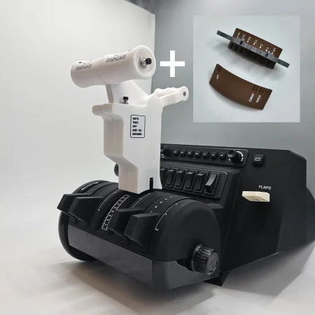Close-up of a flight simulator throttle quadrant featuring labeled levers and switches, ideal for enhancing your ProDeskSim Boeing 737 Advanced Full Package Addon/Modification. An inset image showcases two curved brown panels with control settings, embodying the authentic experience associated with Prodesksim's Honeycomb Bravo flight simulation equipment.