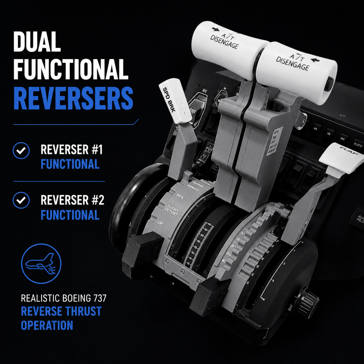 A close-up of the Prodesksim New ProDeskSim B737 Ultra / B737 Full Package Addon throttle quadrant, showing labeled dual functional reverse levers with realistic reverse thrust for both engines in MSFS 2020/2024.