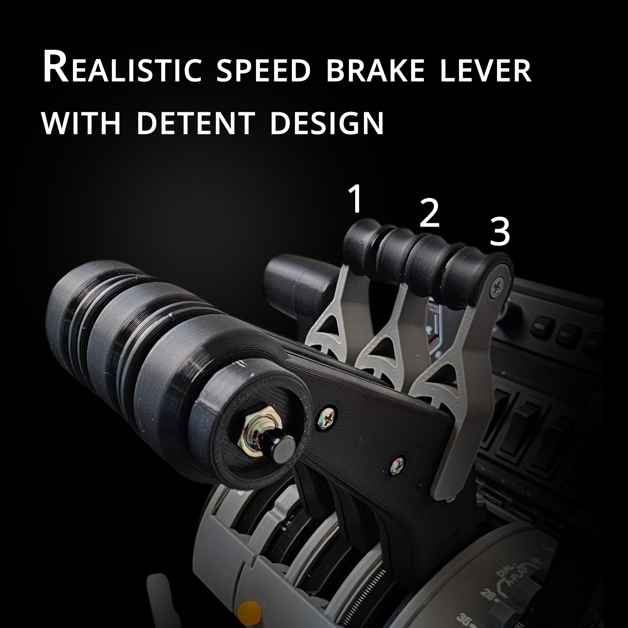 Close-up of the Prodesksim McDonnell Douglas MD-11 speed brake lever for Honeycomb Bravo throttle, featuring a realistic detent design with numbered black handles labeled 1, 2, and 3 against a dark background.