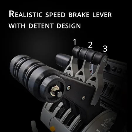 Close-up of the Prodesksim McDonnell Douglas MD-11 speed brake lever for Honeycomb Bravo throttle, featuring a realistic detent design with numbered black handles labeled 1, 2, and 3 against a dark background.