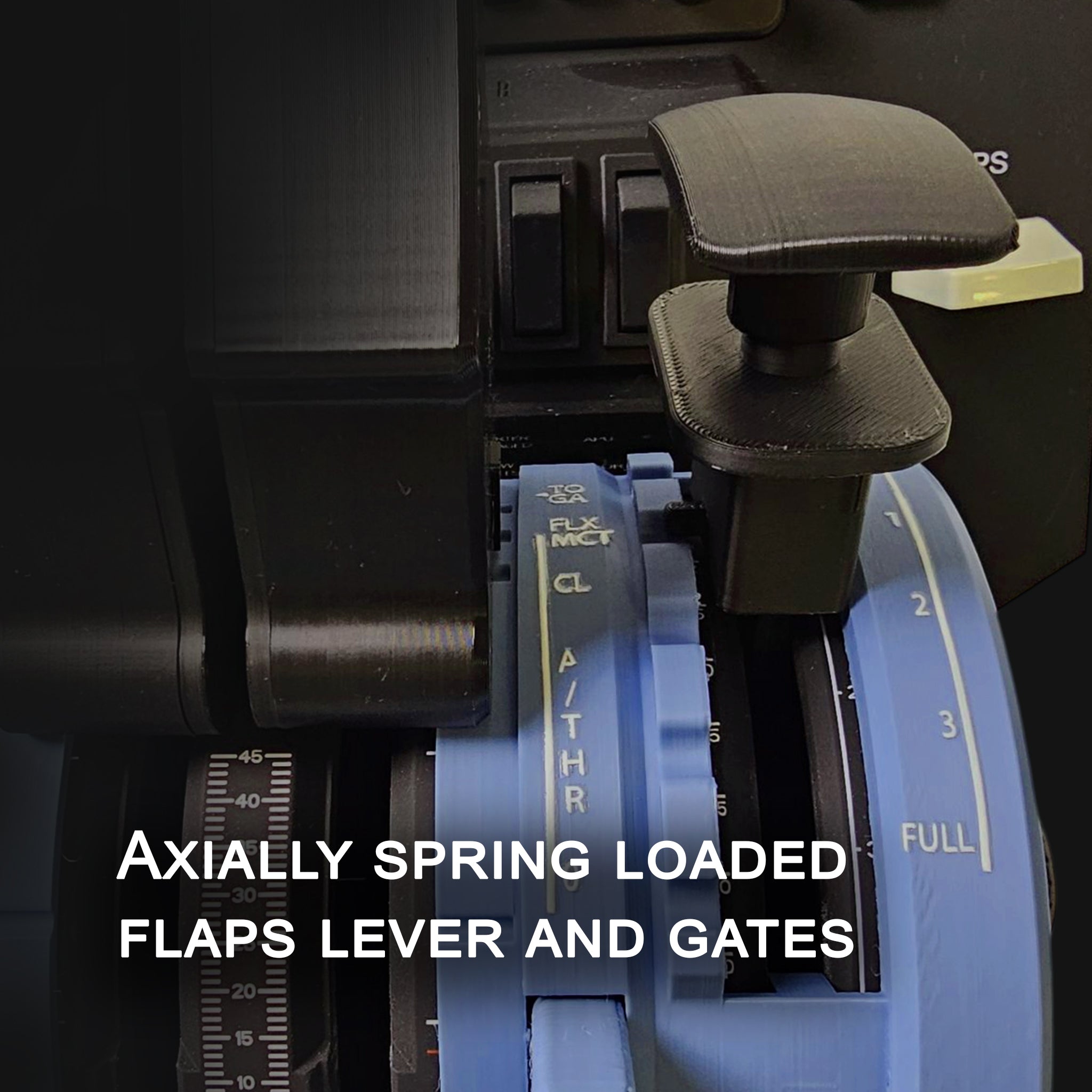Close-up of an aircraft control panel with a blue, axially spring-loaded flaps lever and gates. Text reads "Axially spring-loaded." Various switches and buttons enhance the NEW! ProDeskSim Airbus A319-A321 addon for the Honeycomb Bravo throttle quadrant for a realistic flight simulation experience.