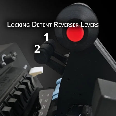 Close-up of aircraft control levers labeled "Locking Detent Reverser Levers" with a red button on the right lever. Black mechanical components, like those in the Prodesksim's Airbus A350 Advanced addon for the Honeycomb Bravo throttle quadrant, are visible on the left side of the image.
