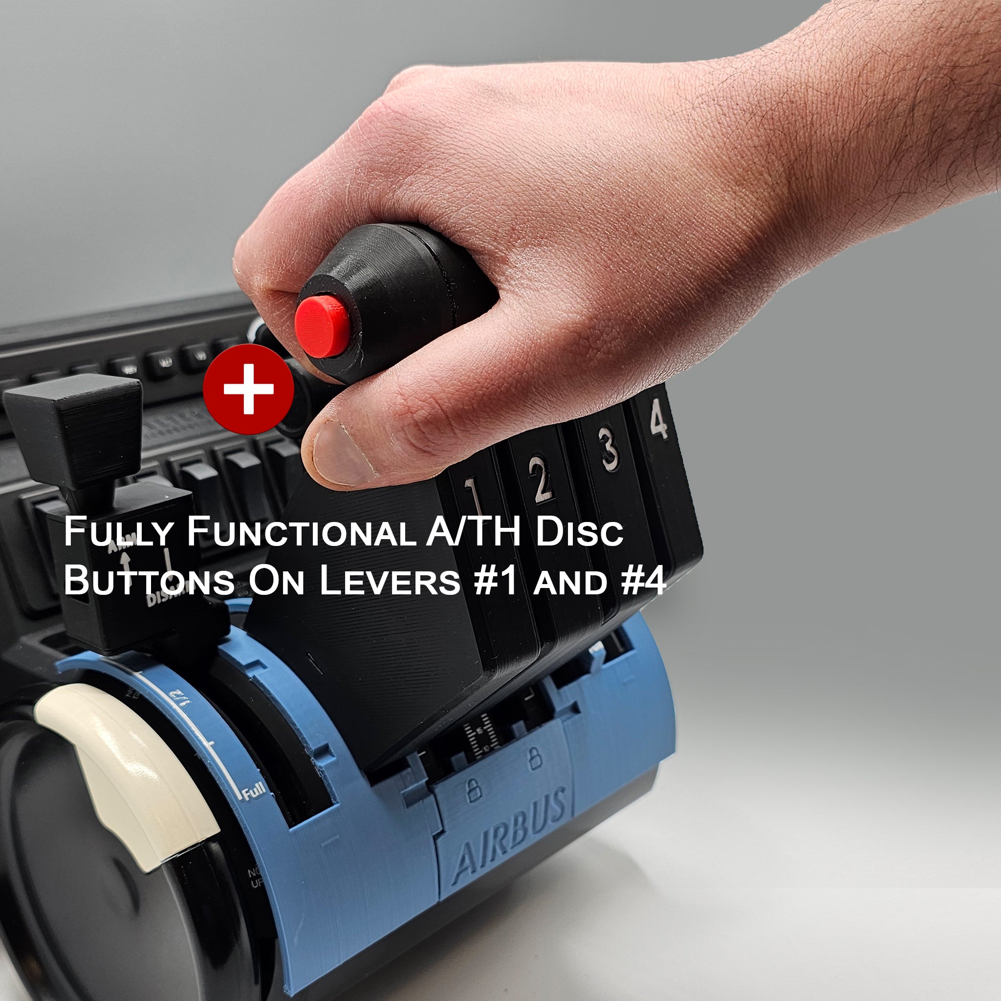 A hand grips a dark throttle lever with numbers 1 to 4 from the NEW! ProDeskSim Airbus A380 - 4 engine - throttle addon pack for Honeycomb Bravo, FBW A380, Flight simulator by Prodesksim. Nearby is a red button marked with a plus sign. The base features a sky blue panel displaying "AIRBUS," designed for seamless Honeycomb Bravo integration or as an Airbus A380 addon. Fully functional A/TH Disc buttons are present on levers #1 and #4.