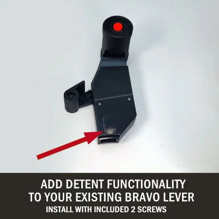 The image displays a black mechanical component featuring a red button, with an arrow highlighting a particular section of the Honeycomb Bravo. The accompanying text states: "Enhance your flight simulation experience by adding detent functionality to your existing Bravo lever. Install the Prodesksim Airbus A319-320-321 Dual Action Addon for the Honeycomb Bravo throttle quadrant using the included two screws.