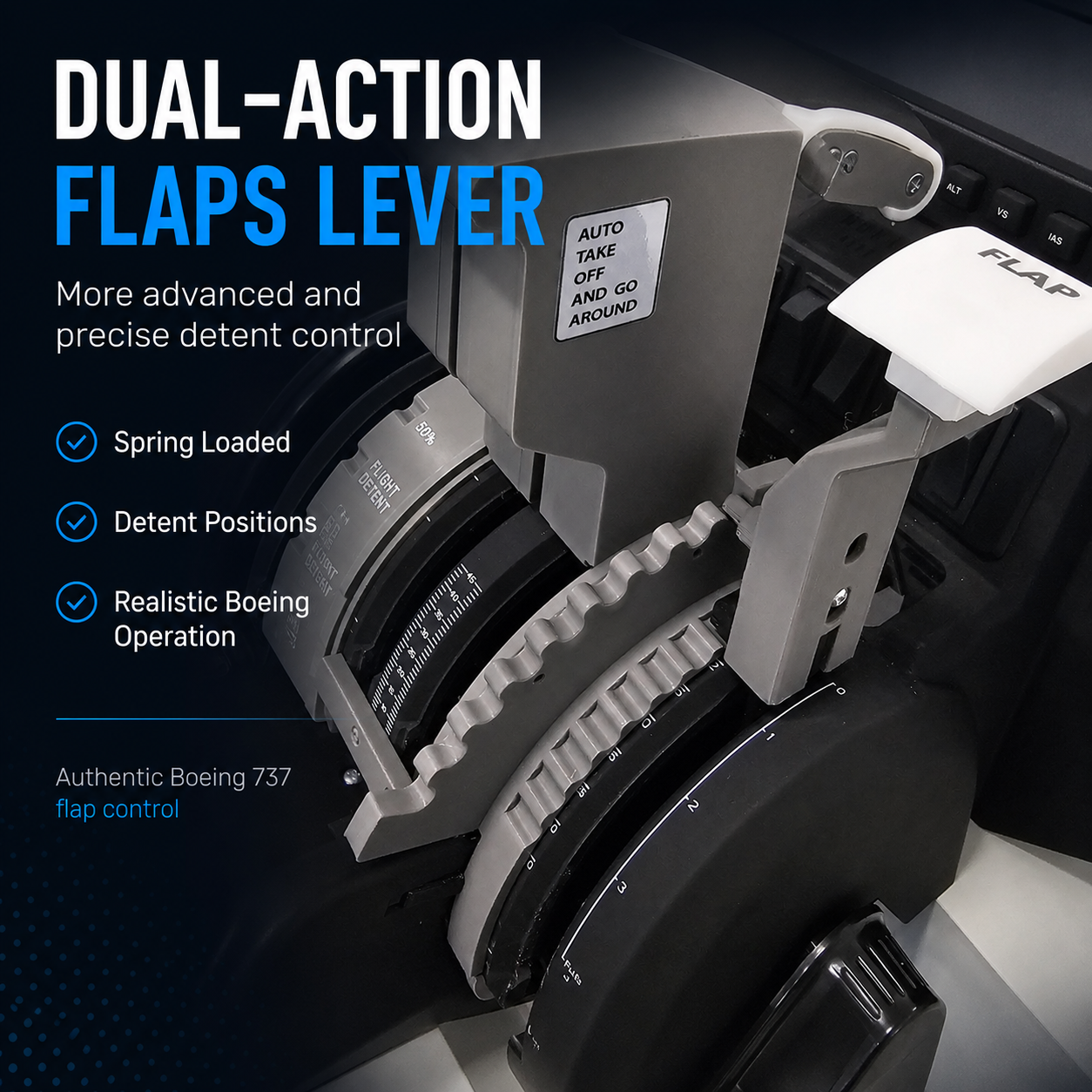 Close-up of the Prodesksim New ProDeskSim B737 Ultra / B737 Full Package Addon dual-action flaps lever for Honeycomb Bravo, compatible with MSFS 2020/2024. Spring-loaded and multi-detent for realistic Boeing 737 flap control.